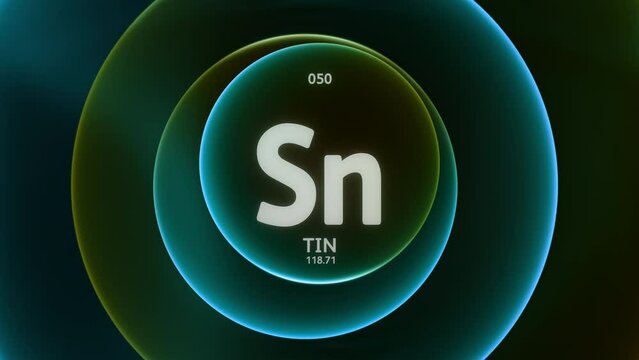 Tin as Element 50 of the Periodic Table. Concept animation on abstract green blue gradient rings seamless loop background. Title design for science content and infographic showcase backdrop.