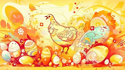 Illustration of an abstract Background of a chicken with easter eggs Generative AI