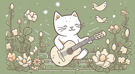 Illustration of a sitting white cat playing a guitar Generative AI
