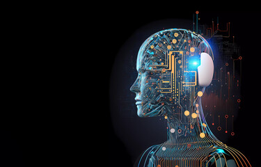 Digital intelligence. Robot on a blue background. Banner. Generative AI