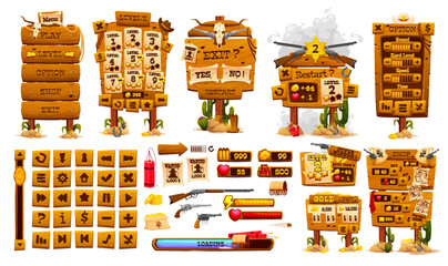 Wild west game app interface, western gui asset and wooden buttons. Vector set of web menu elements. Signpost, loading bar, navigation arrows and icons. Level, restart, rank and option windows, guns © Vector Tradition