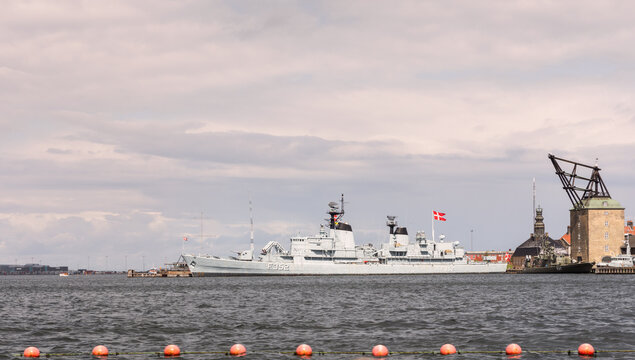 Copenhagen, Denmark - August 7, 2017: The frigate Peder Skram, F352, once a command ship and now a museum ship in Copenhagen, Denmark.