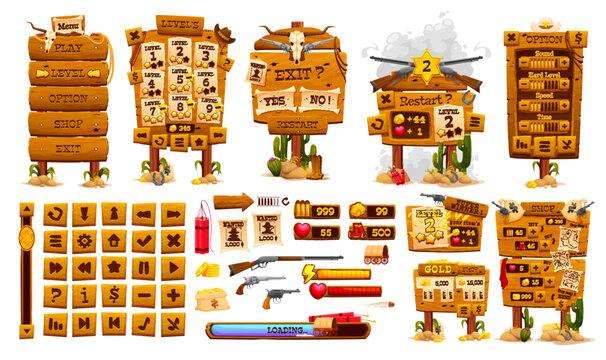 Wild west game app interface, western gui asset and wooden buttons. Vector set of web menu elements. Signpost, loading bar, navigation arrows and icons. Level, restart, rank and option windows, guns