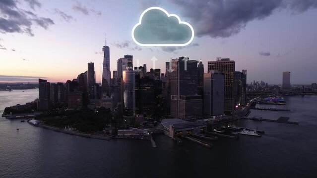 Cloud computing data synchronization on Manhattan skyline background - 3D render
