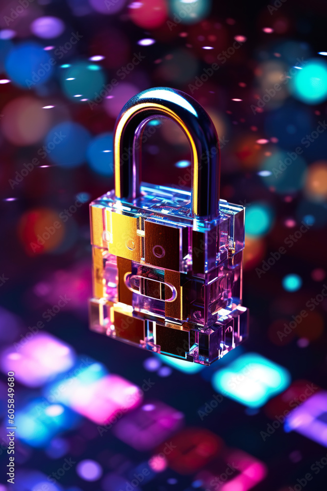 Poster a lock on a computer keyboard surrounded by colorful lights. generative ai. cyber security illustrat