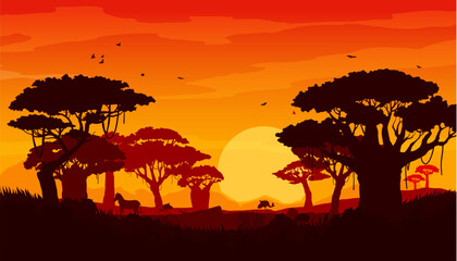 Fototapeta na wymiar African savannah sunset landscape, scenery silhouettes of trees, sun, safari animals and birds. Vector background with wild nature of Africa, evening scene with orange sky, setting sun and acacias