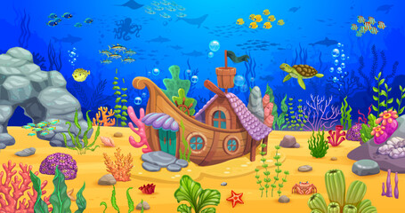 Cartoon underwater sea landscape with sunken boat and seaweeds. Wooden sail ship house building lying on the ocean bottom. Vector aquarium decor, mermaid home, fantasy boat dwelling, fairytale vessel