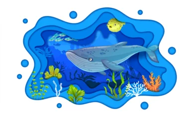 Crédence de cuisine en verre imprimé Chambre denfants Cartoon whale, puffer fish and shoal on underwater paper cut landscape vector background. Sea and ocean water animals, corals, seaweed and algae plants with 3d frame of papercut wavy layers