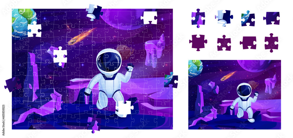 Poster Cartoon space jigsaw puzzle game pieces. Astronaut on planet surface. Part find worksheet, block connect vector puzzle quiz with cosmonaut character in outerspace, solar system planet and meteorite