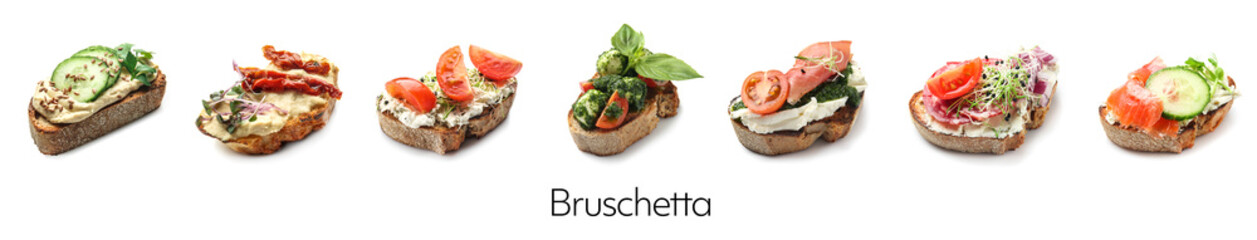 Set of different bruschettas on white background