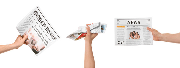 Set of man's hands holding newspapers on white background