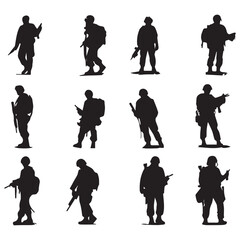 A black and white picture of soldiers with different types of weapons vectors