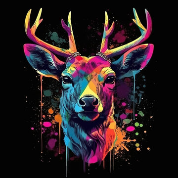 A deer with colorful paint splatters on it's face. Generative AI.