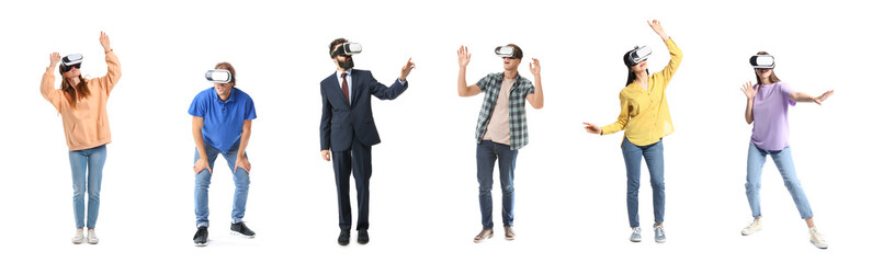 Set of people in VR glasses isolated on white