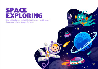 Cartoon space poster, kid astronaut and alien in outer space. Astronomy and space travel vector flyer or banner with alien and boy in spacesuit characters flying in outerspace, spaceship and planets © Vector Tradition