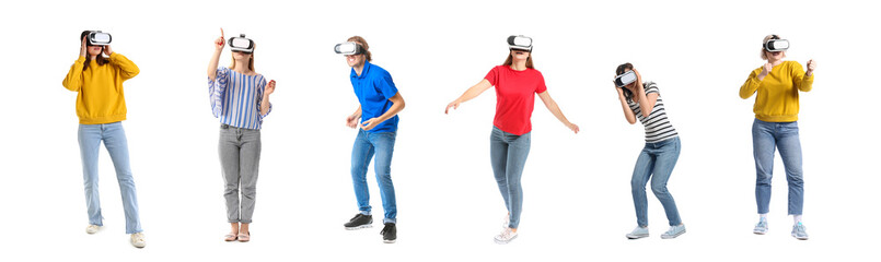 Set of many people in VR glasses isolated on white