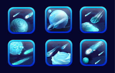 Cartoon space game app icons. Blue and turquoise planets and asteroids creating an immersive and exciting gameplay experience. Vector gui interface menu elements, square buttons with rounded corners
