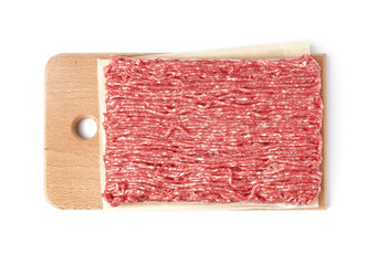 Board with fresh minced meat isolated on white background