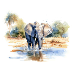 Fototapeta na wymiar A watercolor painting of an elephant in the water. Generative AI.