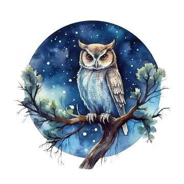 A watercolor painting of an owl sitting on a tree branch. Generative AI.