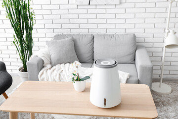Modern humidifier and flowers in pot on table in interior of living room