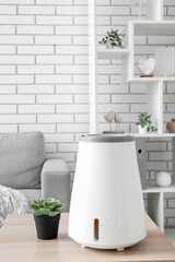 Modern humidifier and houseplant on table in interior of living room