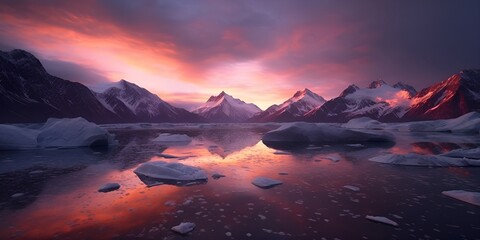 Beautiful sunset with mountains in the background and lake with glacier water in the foreground, very surreal
