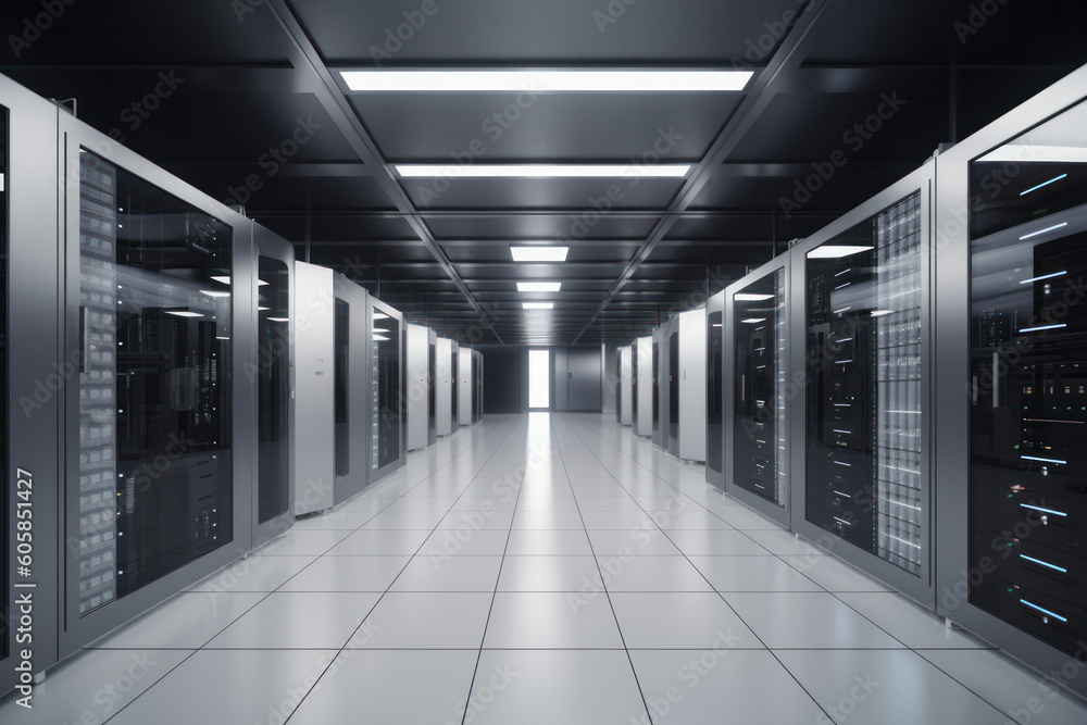 Poster high-tech data center with rows of server racks stretching down a long hallway, providing secure and
