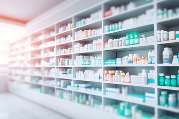 acy, pharmacy blurred abstract background with medicines and healthcare products on s - obrazy, fototapety, plakaty