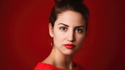 Fototapeta premium Portrait of a beautiful woman with dark hair against red background - made with Generative AI tools