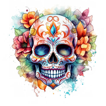 A watercolor skull with flowers on it. Generative AI.