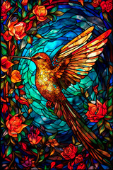 Stained glass stained glass, vibrant colors, hummingbird, ai generated, vitrage
