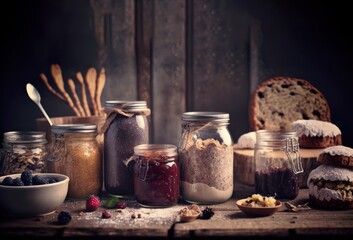 Rustic cozy kitchen with ingredients inside jars, weat created with Generative AI technology
