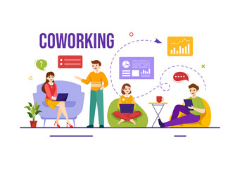 Coworking Business Vector Illustration with Colleagues Talking, Meeting and Working at the Office in Flat Cartoon Hand Drawn Landing Page Templates