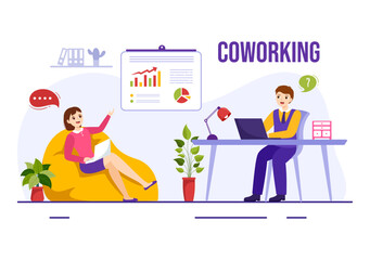 Coworking Business Vector Illustration with Colleagues Talking, Meeting and Working at the Office in Flat Cartoon Hand Drawn Landing Page Templates