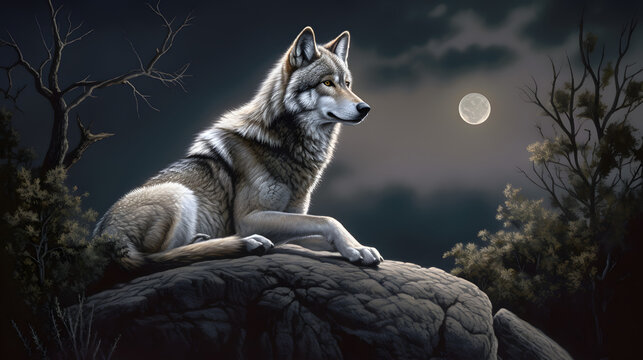 Mond Wolf am Fels mit epischem Blick Generative AI