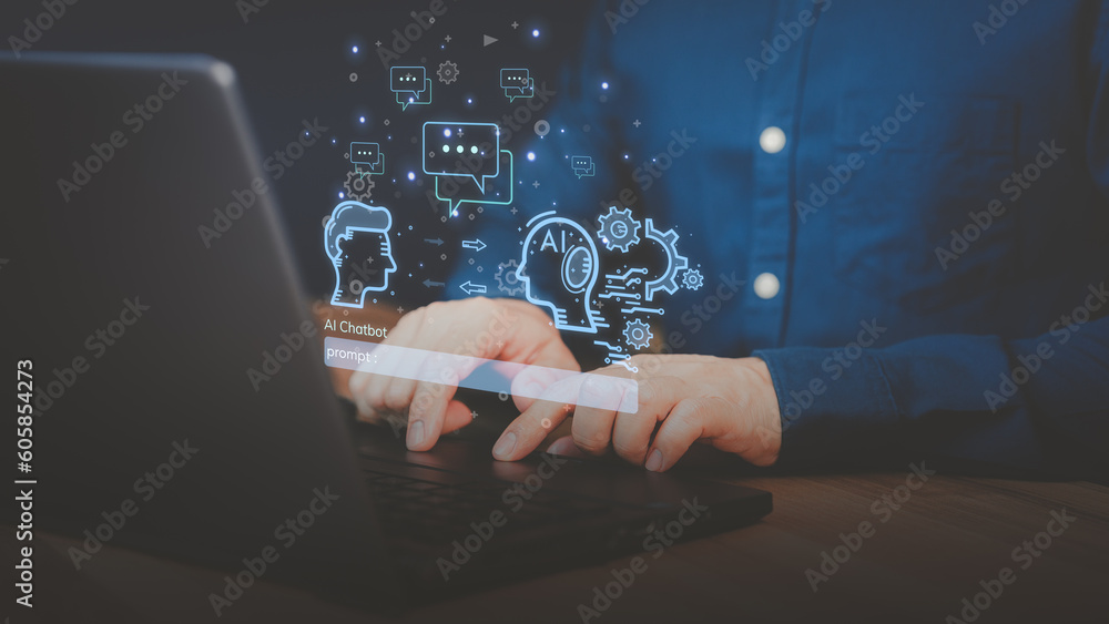 Poster Adult man using a laptop computer chatting with chat bot, Chat with smart AI or Artificial Intelligence technology. Futuristic technology transformation. Chatbot ai communication.