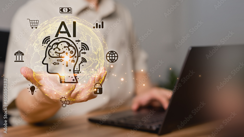 Poster Man hand holding the virtual global internet technology AI. Global internet connect application technology for business and digital marketing. Finance and banking digital link technology big data.