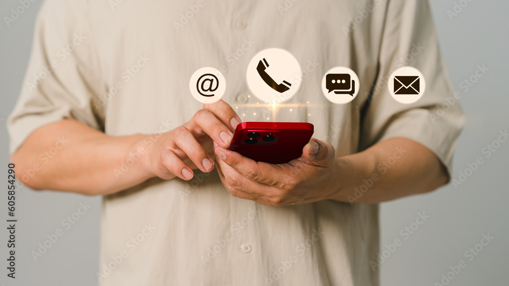 Aufkleber customer hand holding a mobile phone with virtual screen for apps the call phone, email and chat mes