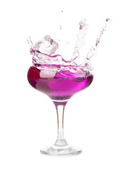 Purple gin and tonic with splashes on white background