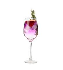 Purple gin and tonic with rosemary on white background