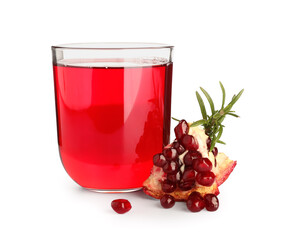 Glass of fresh pomegranate juice on white background