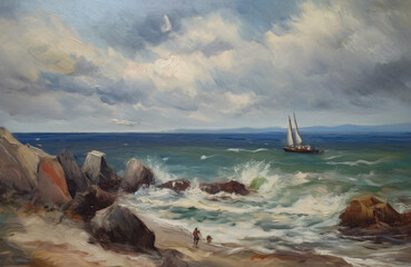 vintage seascape oil painting, waves crashing against shore with sail boat