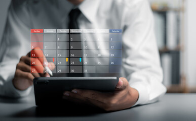 Time management concept..Highlight appointment reminders and meeting agendas in calendar on interface. Businessman manages time for effective work.