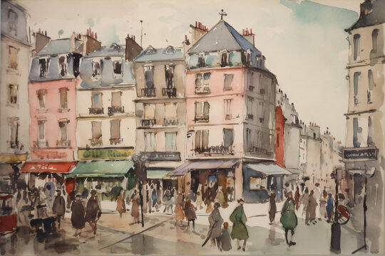 paris crowded neighborhood midcentury watercolor painting