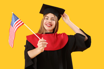 Female graduate with USA flag on yellow background