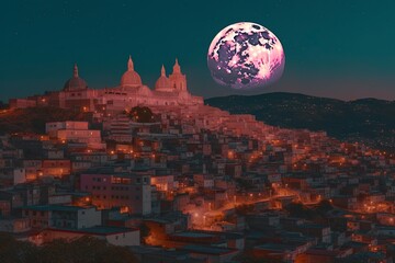 a city skyline with a full moon and city lights, in the style of web Anderson, Sultan Mohammed, Alex Prager, Quito school, cinematic stills, frost punk, glittery and shiny, generate ai