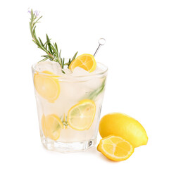 Glass with fresh lemonade on white background