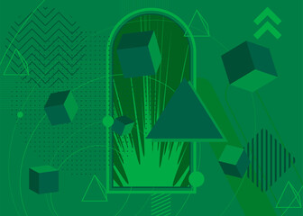 Green vibrant geometrical shapes background. Abstract old simple geometric vector banner, poster. Retro graphic busy psychodelic volumetric art illustration.