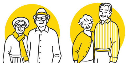 2組の笑顔の老父婦のイラストセット